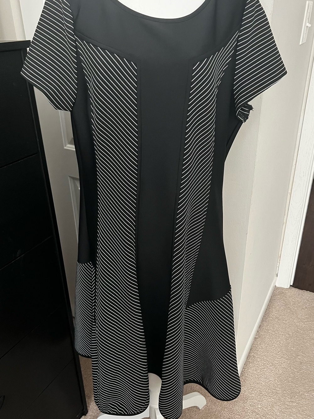 DKNY Black and White Striped Panel A-line Dress